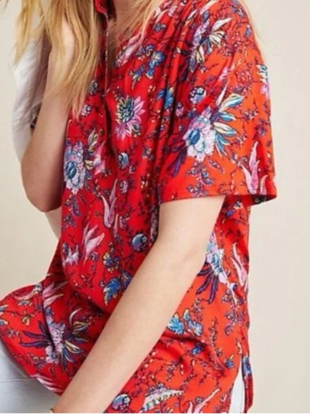 Anthropologie| Maeve| Red Floral Short Sleeve 1/2 Button Tunic Blouse Sz M